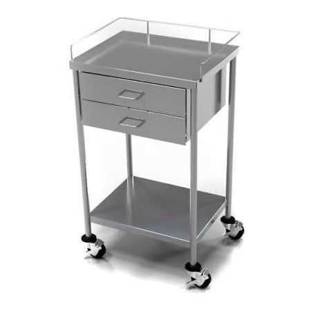 AERO Stainless Steel Anesthesia Utility Table With 2 Drawers & Guard Rail Top Shelf